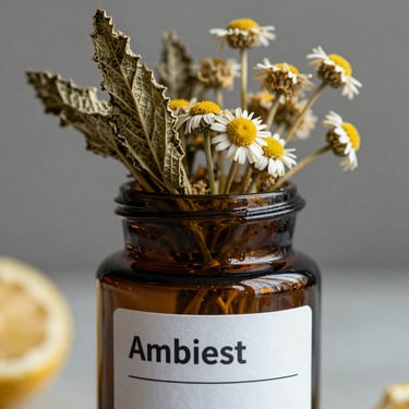 Close-up of dried lemon balm and chamomile flowers in a minimalist amber glass jar with a clean typographic label.