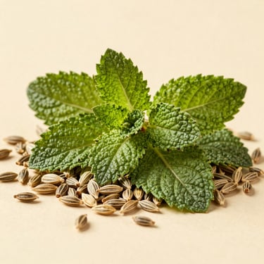 Macro texture of dried peppermint leaves and organic fennel seeds on a clean oat-colored background.