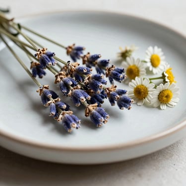 Close-up of dried lavender buds and chamomile flowers in a minimalist ceramic dish, soft natural north light.