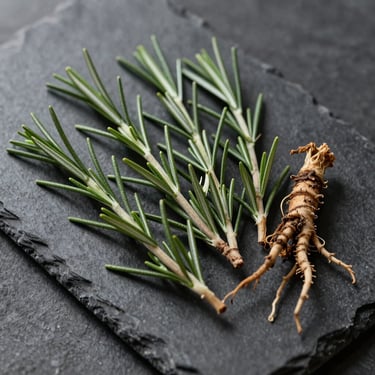 Sparsely arranged rosemary sprigs and organic roots on a dark slate surface, soft side lighting.