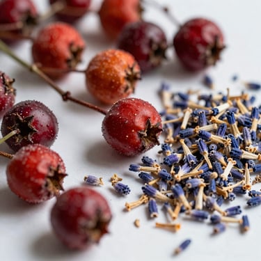 Macro botanical texture of dried hawthorn berries and lavender petals, soft diffused lighting.