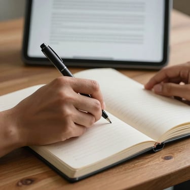 Close-up of hands writing research notes in a high-quality notebook on a wooden desk, a tablet displaying academic text in the background, warm natural lighting, shallow depth of field.