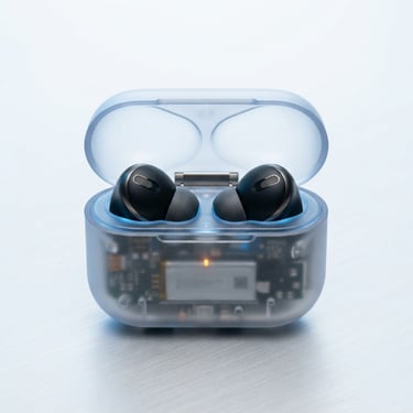 Precision product photography of sleek wireless earbuds in a translucent charging case, resting on a clean white anodized aluminum surface, soft cool-blue rim lighting, ultra-sharp macro details.