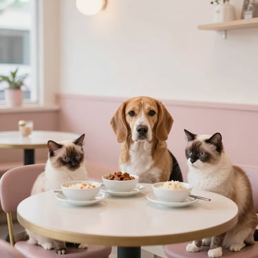 Anjing beagle dan kucing siam duduk santai di meja kafe pet-friendly, menikmati mangkuk makanan kecil dan minuman khusus hewan.