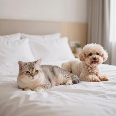 Kucing dan anjing kecil tidur nyenyak di tempat tidur empuk dalam kamar hotel pastel yang cerah, bersih, dan ber-AC.