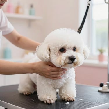 Tangan profesional sedang memandikan anjing pudel putih dengan lembut, busa sampo terlihat, di area grooming modern dan bersih.