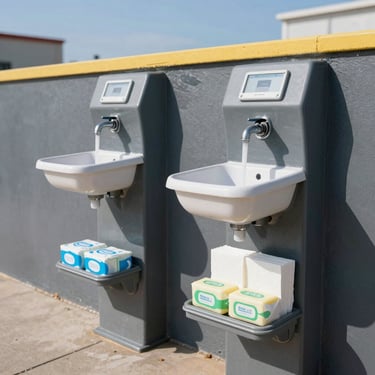 A dual-user outdoor handwashing station with foot-pump operation, fully stocked with soap and paper towels, bright sun