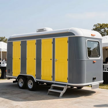 A modern multi-station luxury restroom trailer parked at an upscale outdoor event venue, pristine exterior, clear midday light