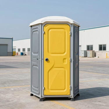 A clean standard portable restroom unit on an organized industrial jobsite, bright daylight, high contrast