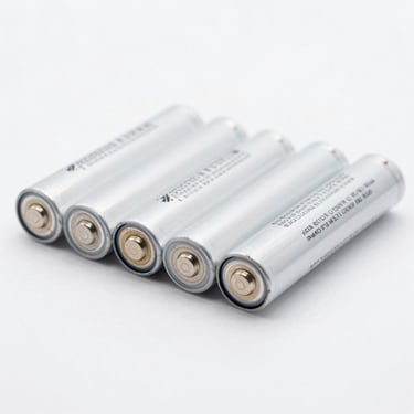 Macro shot of lithium-ion mobile batteries with visible safety markings and connectors on a clean white surface.
