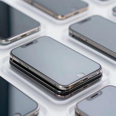 Close-up of neatly stacked replacement mobile phone screens in anti-static trays under bright technical lighting.