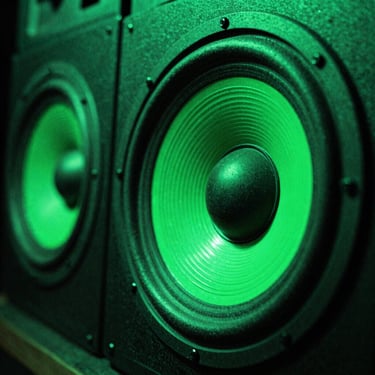 Extreme close-up of speaker cones vibrating, green neon strobe light, raw warehouse aesthetic.