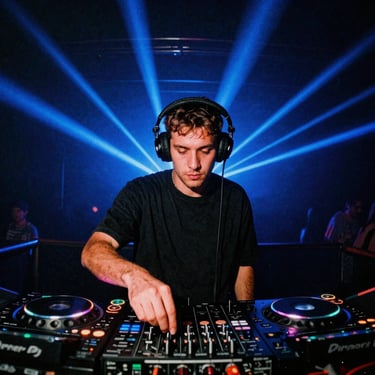Gritty flash portrait of a DJ wearing headphones in a dark booth, electric blue strobe backlight, heavy film grain.