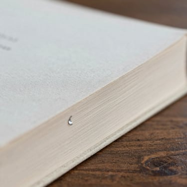 Close-up of a linen-bound book spine with silver embossed lettering, resting on a dark wood studio table, soft side-lighting, macro detail.