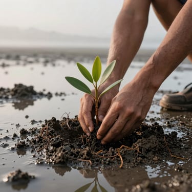 Close-up of hands planting a young mangrove seedling into rich, dark coastal sediment, low angle, morning mist reflecting off the tidal mudflats.