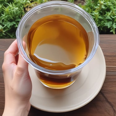 Close-up of a simple ceramic cup filled with steaming herbal tea on a wooden table bathed in soft morning light.