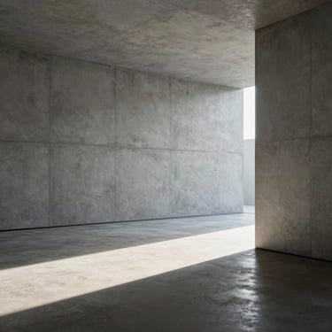 Minimalist modernist interior with raw concrete walls, a single dramatic light shaft illuminating a polished concrete floor, geometric lines