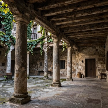 A historic stone courtyard with ancient timber beams, weathered textures, soft low morning light filtering through ivy