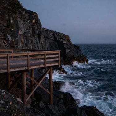 A cantilevered timber deck overlooking a dark, rocky ocean cliffside at twilight, waves crashing below, moody atmosphere