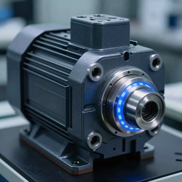 Straight-on technical elevation of heavy-duty industrial servo motor with integrated encoder, cool blue LED lighting, sharp shadows, metallic tones.