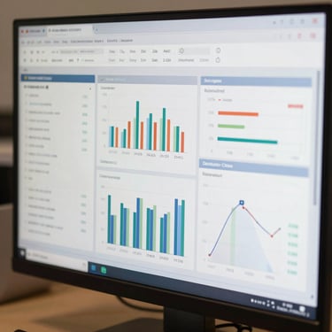 A close-up of a clean financial dashboard interface on a physical monitor, showing structured charts and clear operational metrics.