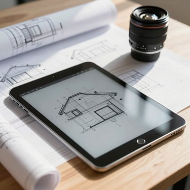 Close-up of architectural blueprints and a digital tablet on a clean wooden desk, bright natural morning light.
