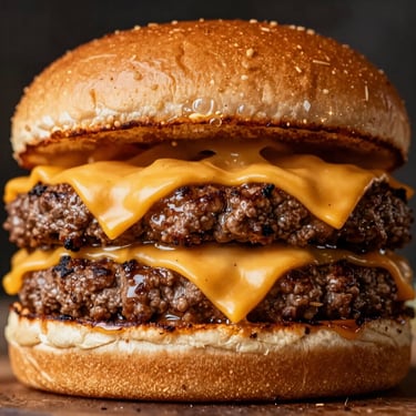 Macro shot of a double smashed cheeseburger, melting cheddar, toasted brioche bun, glistening beef patties, warm street light