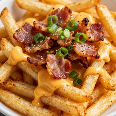 Glistening loaded fries seasoned with spices, melted cheese sauce, chopped bacon, spring onions