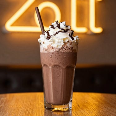 Thick chocolate milkshake in a glass with condensation, whipped cream, chocolate drizzle, warm neon background