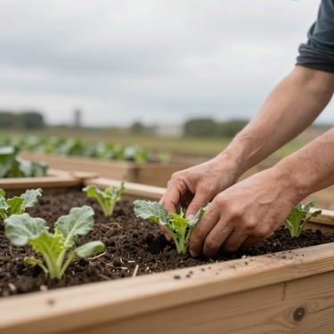 Candid documentary photo of hands planting vegetable starts in raised wooden garden beds under overcast sky.