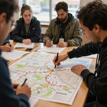 Candid shot of neighborhood organizers mapping safe walking routes on a large paper map during a workshop, warm indoor lighting.