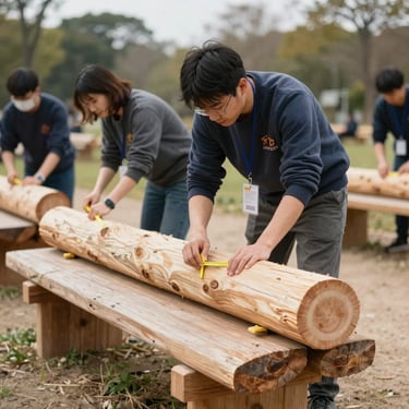 Candid documentary photo of volunteers measuring timber for park benches in natural daylight, shallow depth of field.
