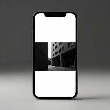 Sleek modern smartphone displaying a clean, high-contrast black and white website layout, sharp shadows, minimalist backdrop.