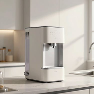 A modern, sleek water dispenser in a bright minimalist kitchen, soft morning light, clean lines.