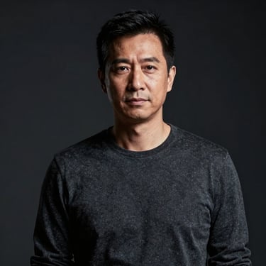 Professional portrait of a male performance director in a dark studio setting, dramatic lighting, high contrast