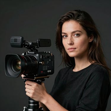 Professional portrait of a female creative director holding a cinema camera, dramatic rim light, dark background