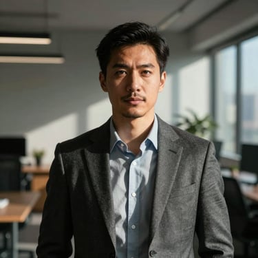 Professional portrait of a male brand strategist in a modern office with deep shadows, direct gaze