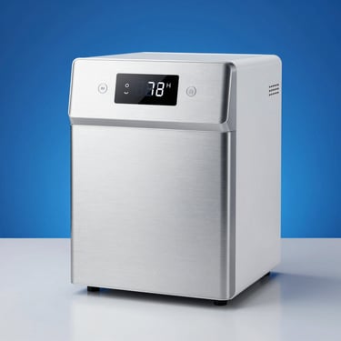 Minimalist under-counter domestic water ionizer unit, brushed titanium finish, sleek digital interface, clean studio lighting