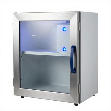 Commercial ionization system cabinet, polished steel panels, glowing blue indicator lights, clinical laboratory setting