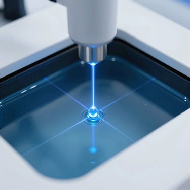 Close-up of a scientific water analysis chamber, glowing laser measurement beams, blue water droplet, high-tech research lab