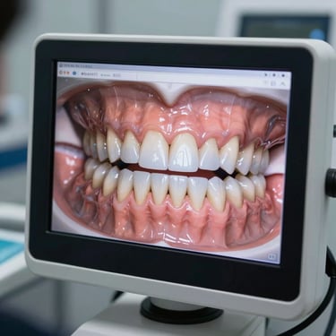 Close-up of a 3D dental scanner screen showing a highly detailed digital model of teeth, crisp clinical lighting, sterile environment