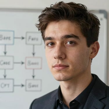 Close-up portrait of a young male business strategist at a clean workspace, whiteboard with process diagrams visible behind him, even studio lighting, sharp focus on face
