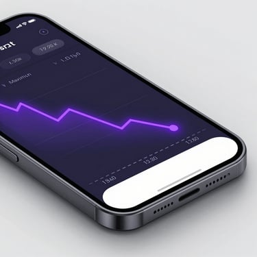 Wide panoramic 21:9 frame, clean isometric view of a mobile application interface displaying a controlled maximum drawdown chart, illuminated by electric purple accents on a dark canvas.