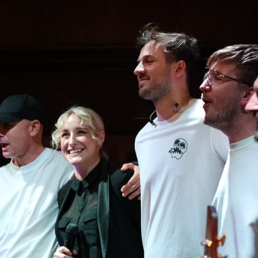 Jozef Bobula and his bandmates after a concert in Slovakia