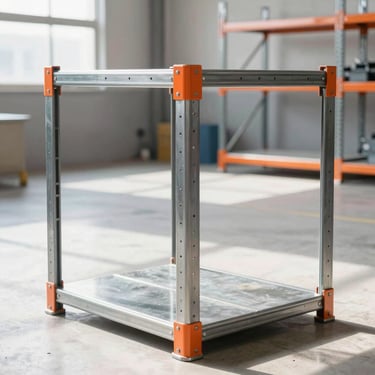 Industrial steel shelving unit with orange accents, clean welds, bright workshop daylight, square aspect
