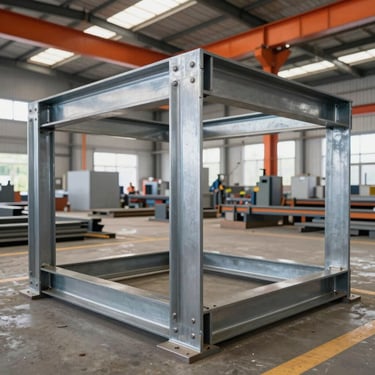 Custom cut and welded steel structures inside a professional metalwork factory in Mossoró, square aspect