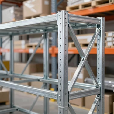 Heavy-duty metal racks, modular structure, warehouse storage setting, sharp focus, square aspect