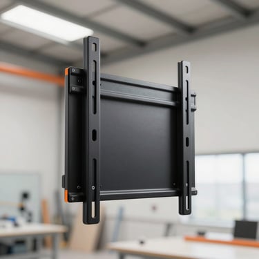 Robust black metal TV wall mount, clean installation on a solid wall, modern aesthetic, square aspect