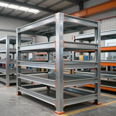 Vertical storage systems in a clean industrial warehouse, steel beams, safe organization, square aspect
