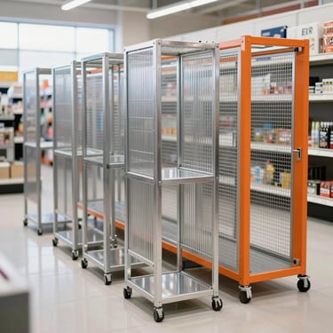 Metal display stands and commercial gondolas in a brightly lit retail store, organized setup, square aspect